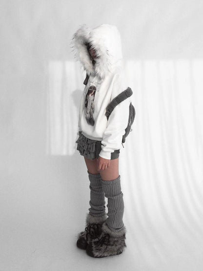 Detachable Fur Hoodie Fleece Lined Sweatshirt
