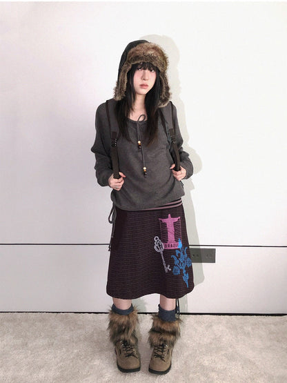 innomoood Distressed Print A Line Layered Ruched Elastic Waist Cotton Women&