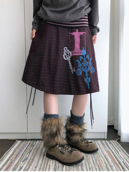 innomoood Distressed Print A Line Layered Ruched Elastic Waist Cotton Women&