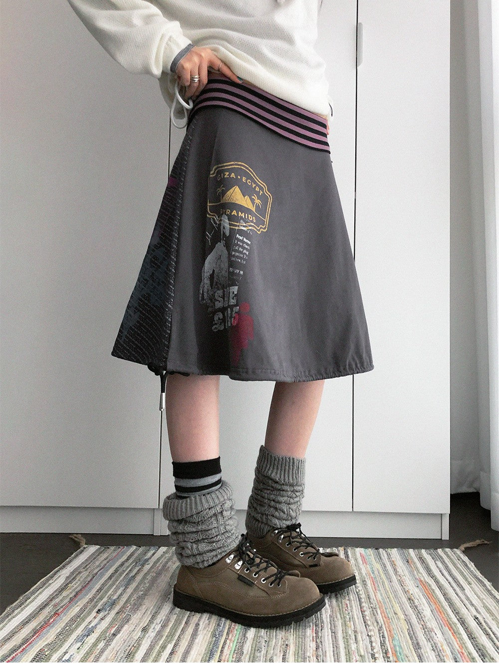 innomoood Distressed Print A Line Layered Ruched Elastic Waist Cotton Women&