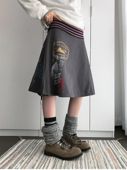 innomoood Distressed Print A Line Layered Ruched Elastic Waist Cotton Women&