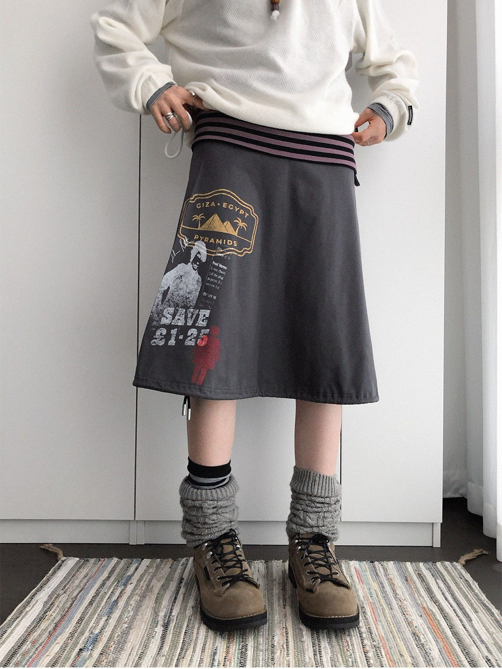 innomoood Distressed Print A Line Layered Ruched Elastic Waist Cotton Women&