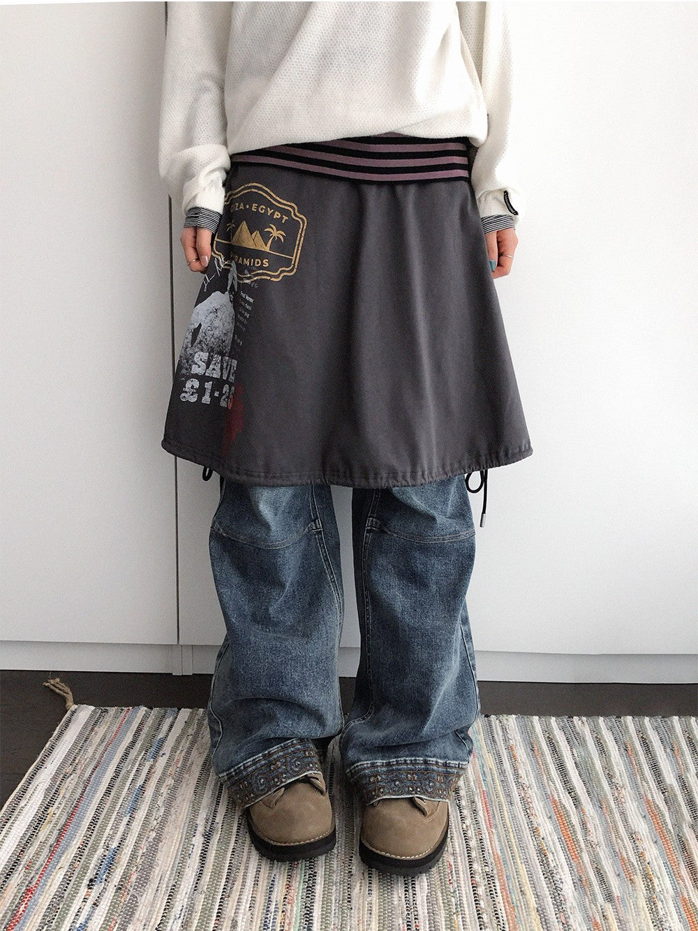 innomoood Distressed Print A Line Layered Ruched Elastic Waist Cotton Women&