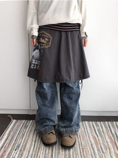 innomoood Distressed Print A Line Layered Ruched Elastic Waist Cotton Women&