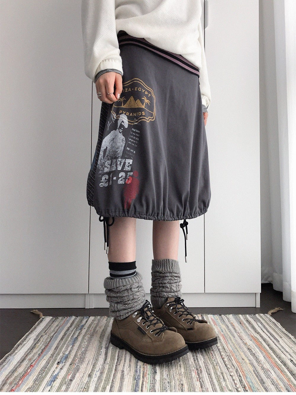 innomoood Distressed Print A Line Layered Ruched Elastic Waist Cotton Women&