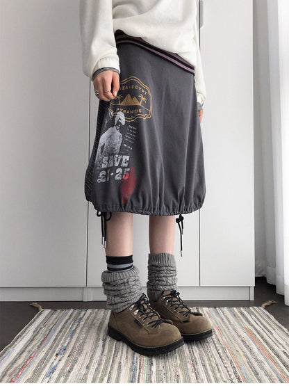innomoood Distressed Print A Line Layered Ruched Elastic Waist Cotton Women&