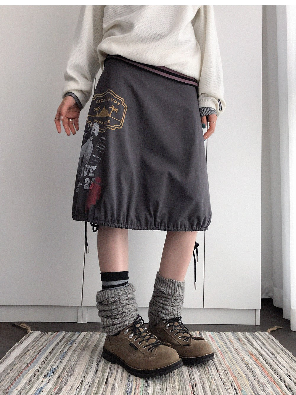 innomoood Distressed Print A Line Layered Ruched Elastic Waist Cotton Women&