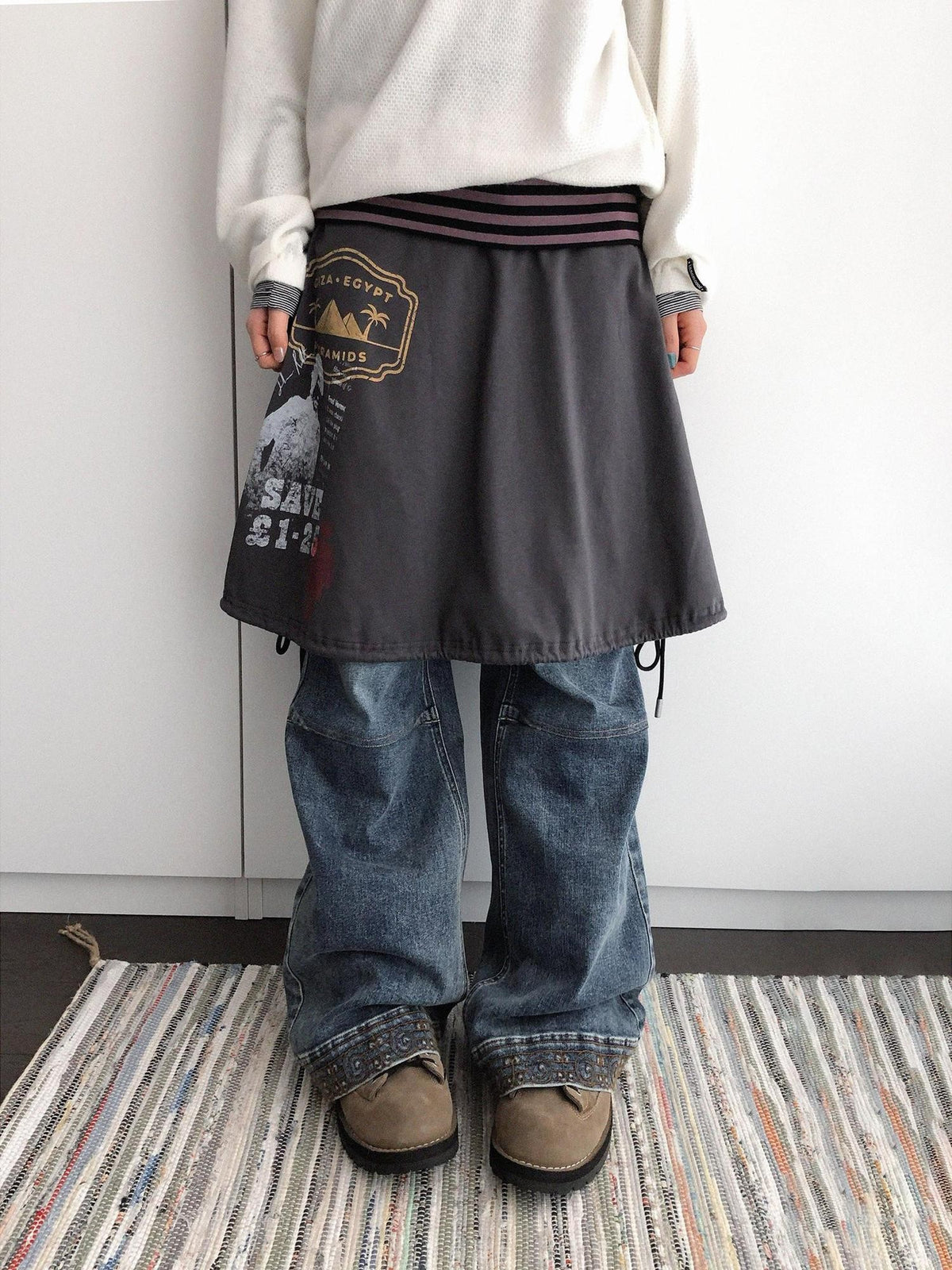 innomoood Distressed Print A Line Layered Ruched Elastic Waist Cotton Women&