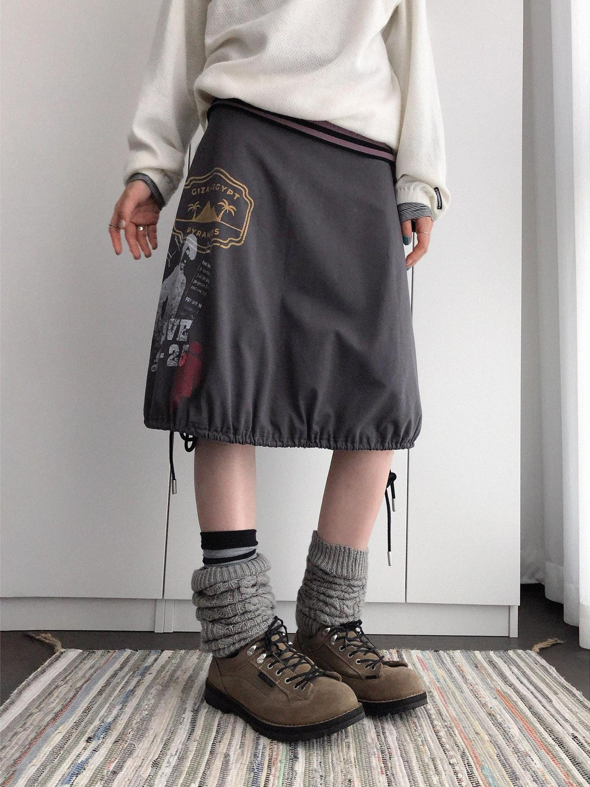 innomoood Distressed Print A Line Layered Ruched Elastic Waist Cotton Women&
