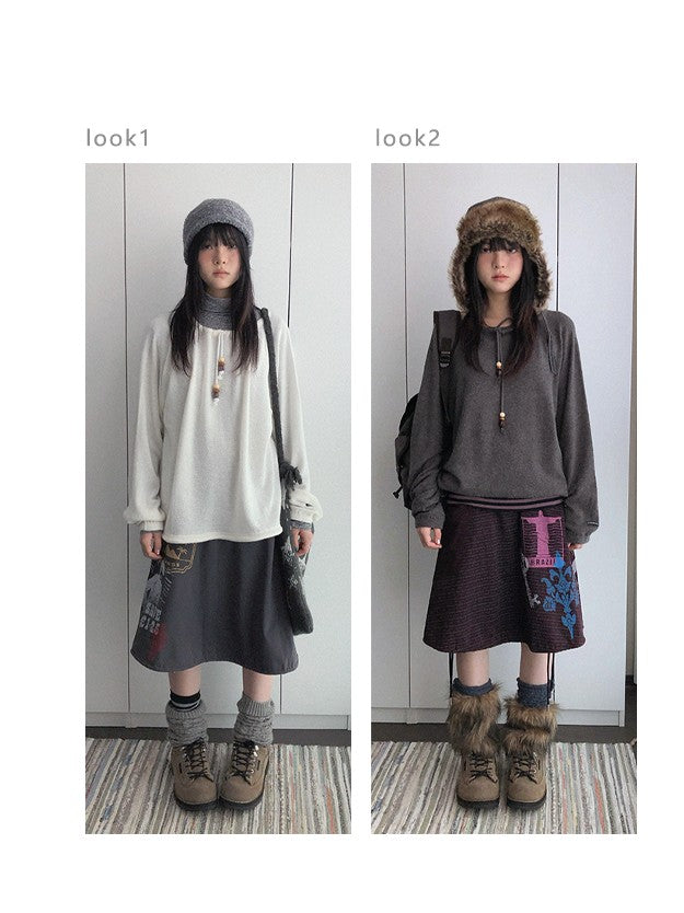 innomoood Distressed Print A Line Layered Ruched Elastic Waist Cotton Women&