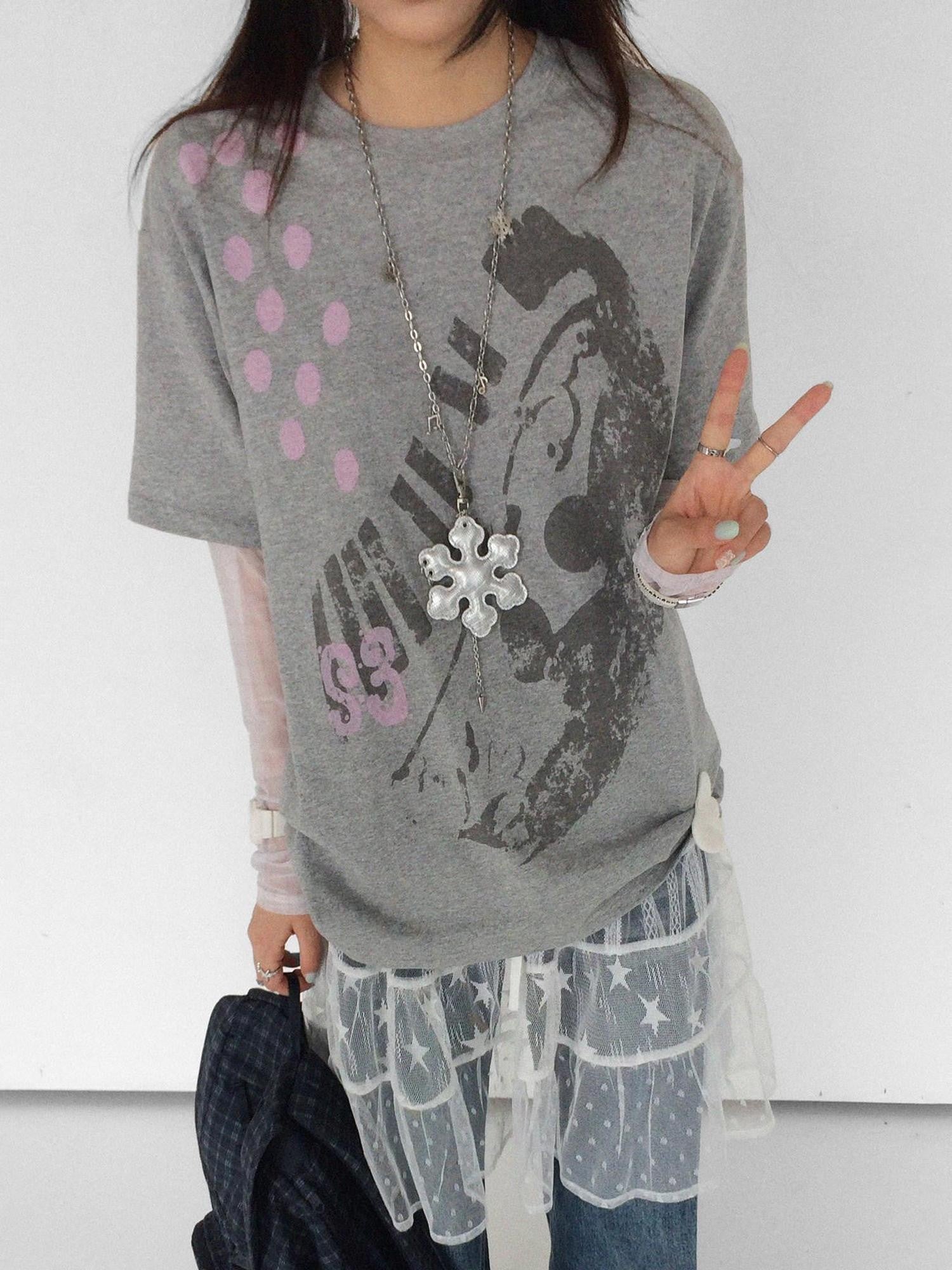innomoood Distressed Print Colorblock Polka Dot Women&