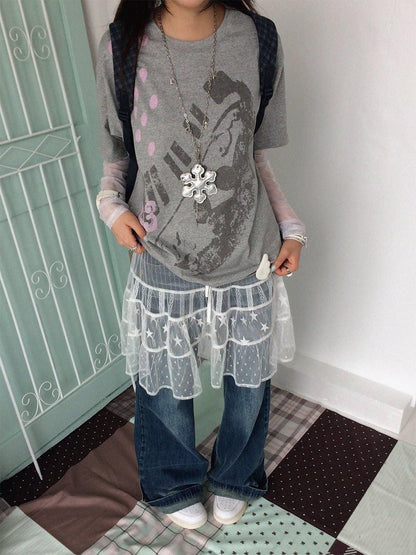 innomoood Distressed Print Colorblock Polka Dot Women&