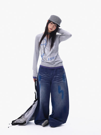 innomoood Distressed Print Colorblock V-neck Women&