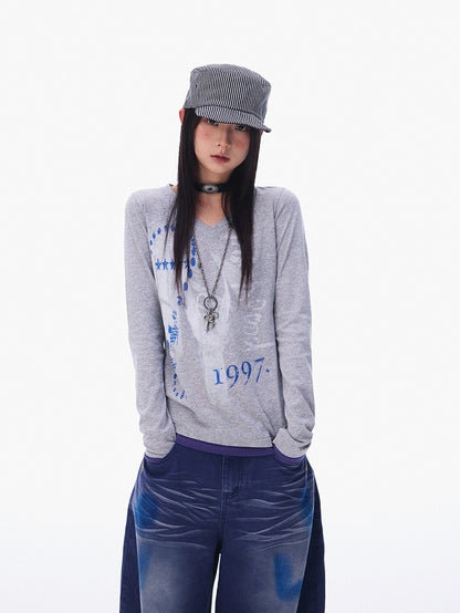 innomoood Distressed Print Colorblock V-neck Women&