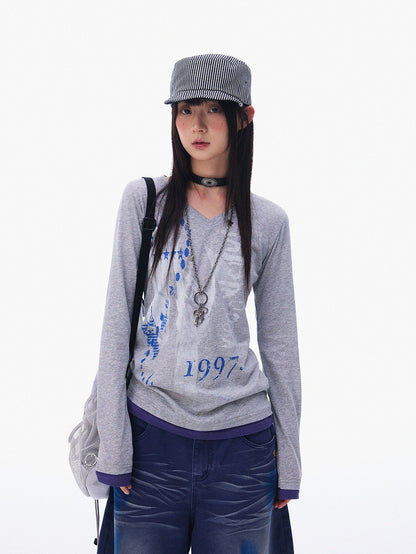 innomoood Distressed Print Colorblock V-neck Women&