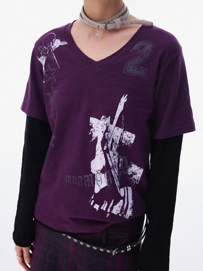 innomoood Distressed Printed Faux Layer V-neck Women&