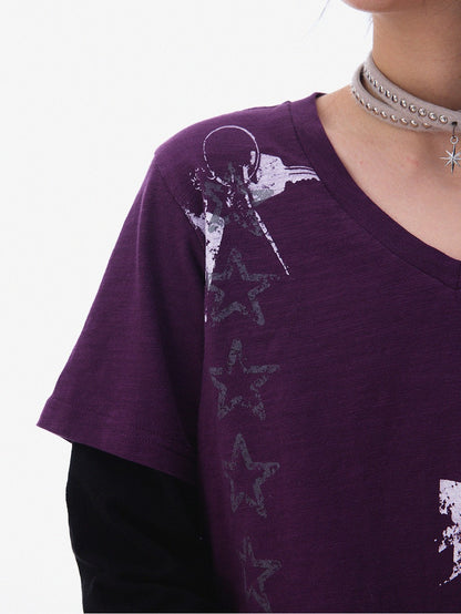 innomoood Distressed Printed Faux Layer V-neck Women&