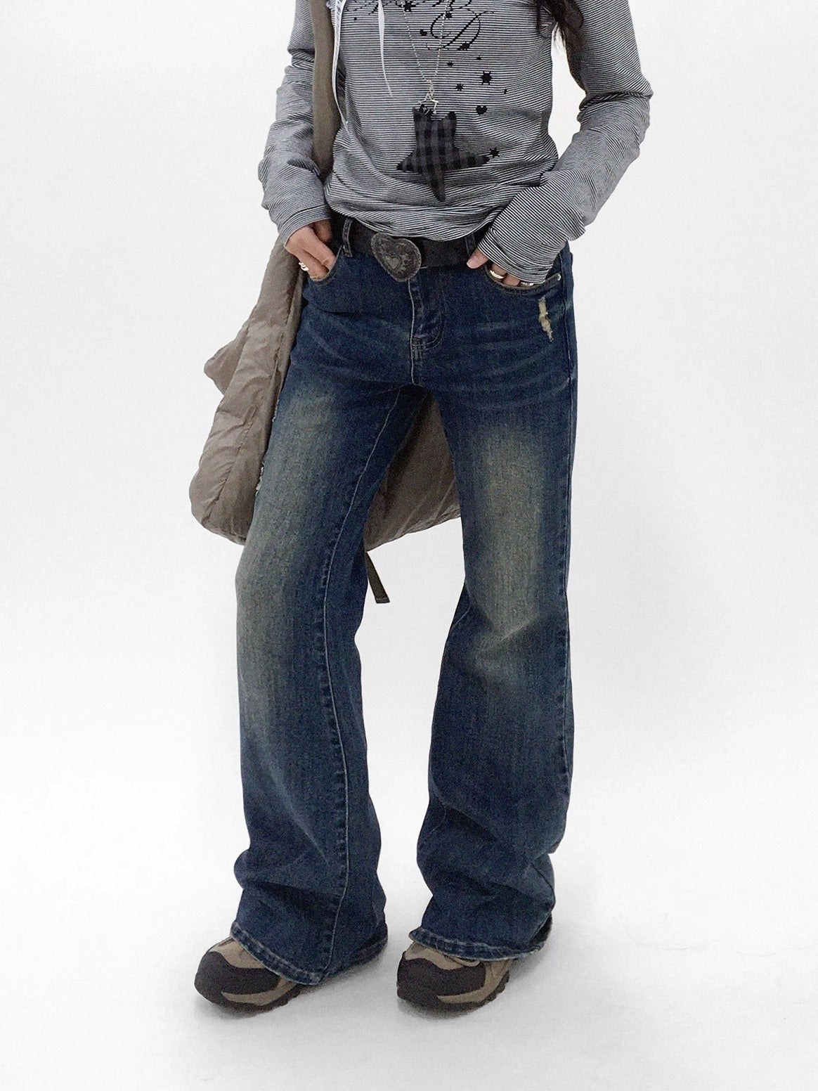 innomoood Distressed Vintage Slim Low Rise Slight Stretch Denim For Women Blue Jeans