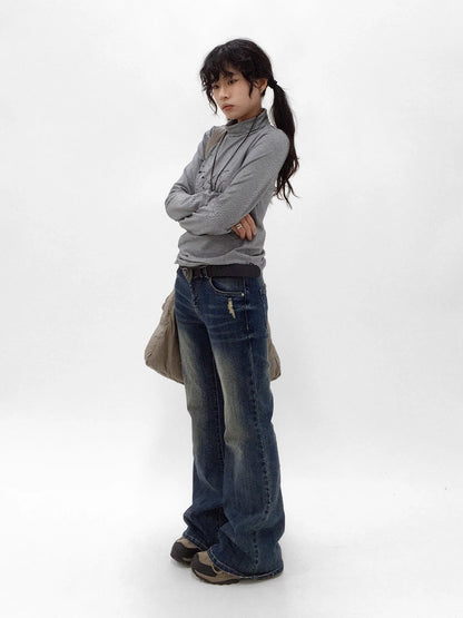 innomoood Distressed Vintage Slim Low Rise Slight Stretch Denim For Women Blue Jeans