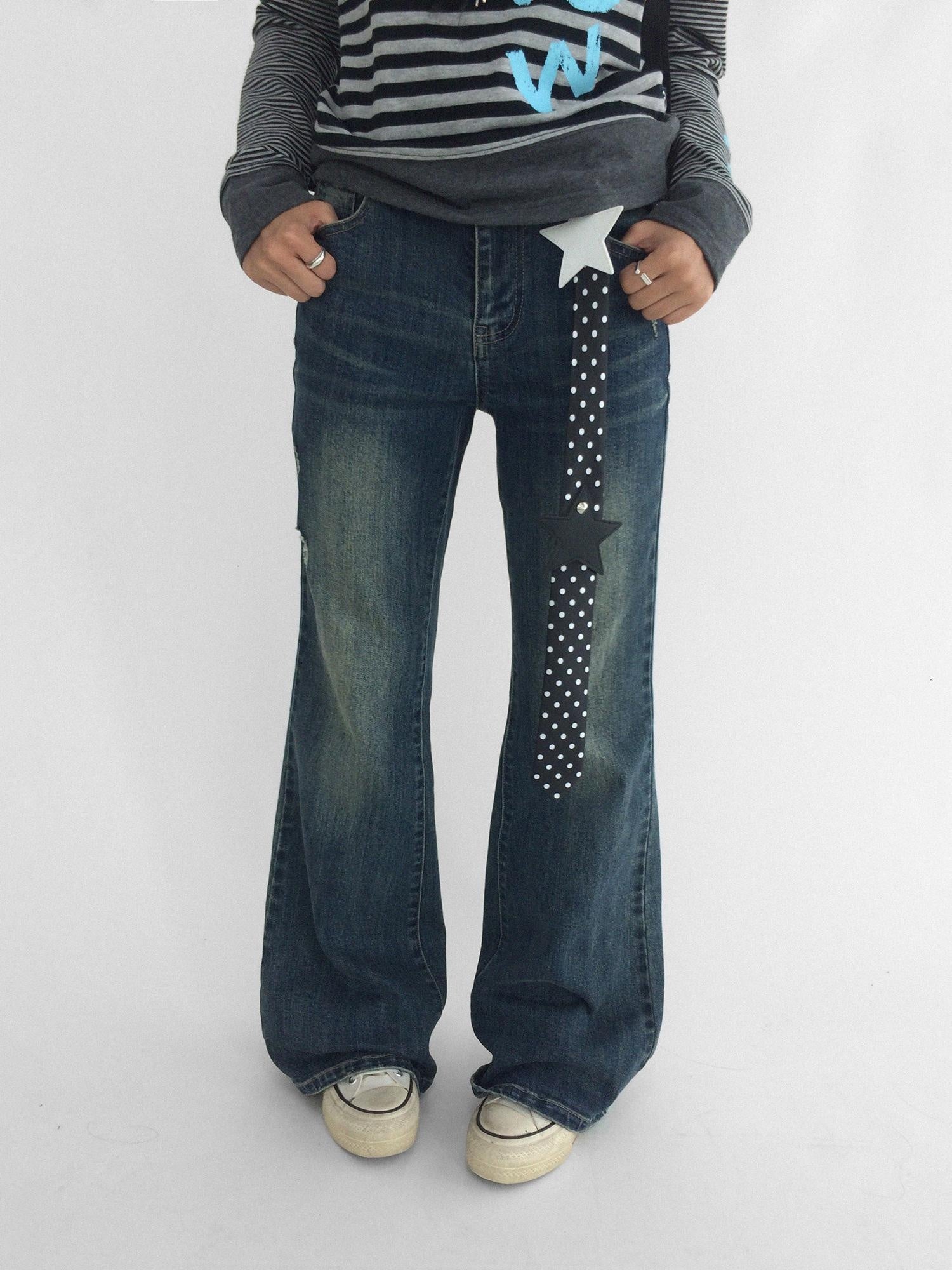 innomoood Distressed Vintage Slim Low Rise Slight Stretch Denim For Women Blue Jeans