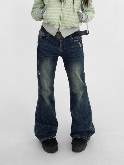 innomoood Distressed Vintage Slim Low Rise Slight Stretch Denim For Women Blue Jeans