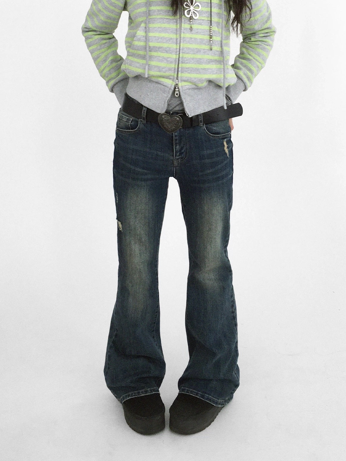 innomoood Distressed Vintage Slim Low Rise Slight Stretch Denim For Women Blue Jeans