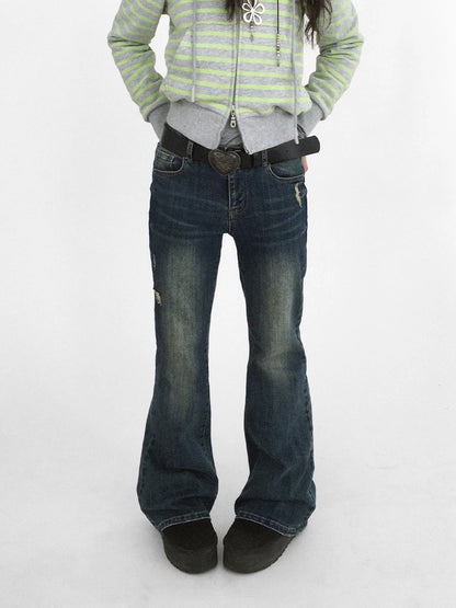 innomoood Distressed Vintage Slim Low Rise Slight Stretch Denim For Women Blue Jeans