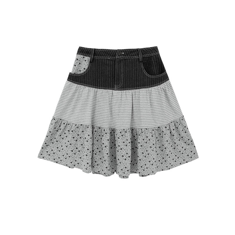 innomoood_Ditsy_Floral_Spliced_Striped_Denim_A_Line_Ruched_Knit_Women&