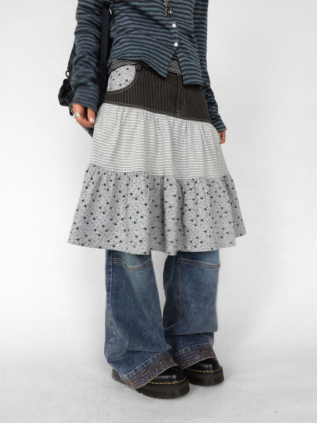 innomoood Ditsy Floral Spliced Striped Denim A Line Ruched Knit Women&