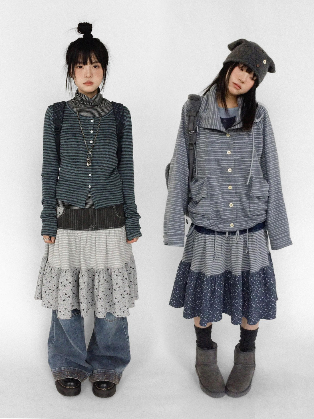 innomoood Ditsy Floral Spliced Striped Denim A Line Ruched Knit Women&