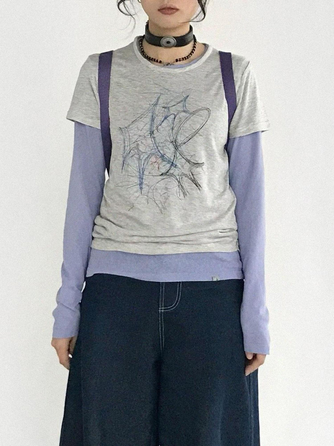 innomoood Doodle Line Graphic Tee And Long Sleeve Two Piece Set
