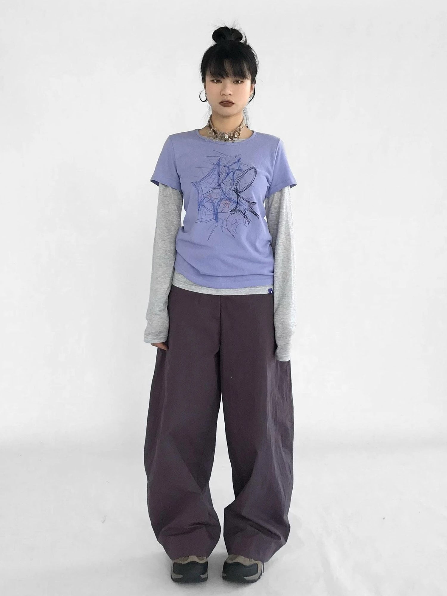 Doodle Line Graphic Tee And Long Sleeve Two Piece Set