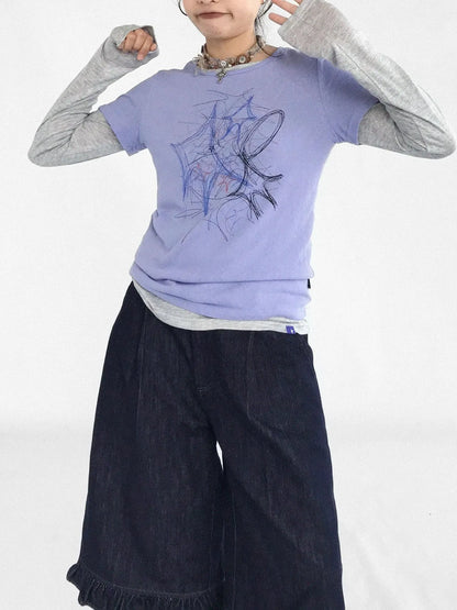 Doodle Line Graphic Tee And Long Sleeve Two Piece Set