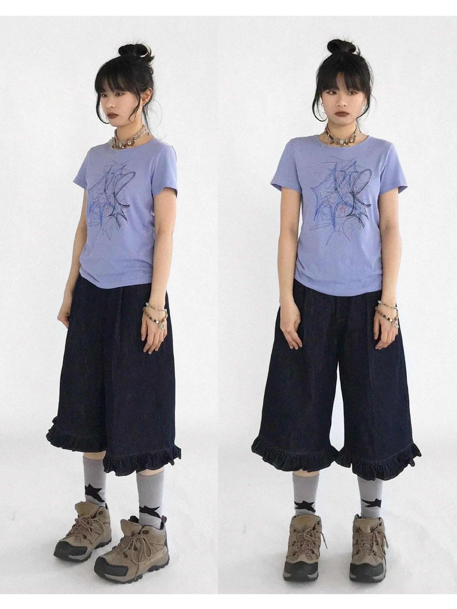 Doodle Line Graphic Tee And Long Sleeve Two Piece Set