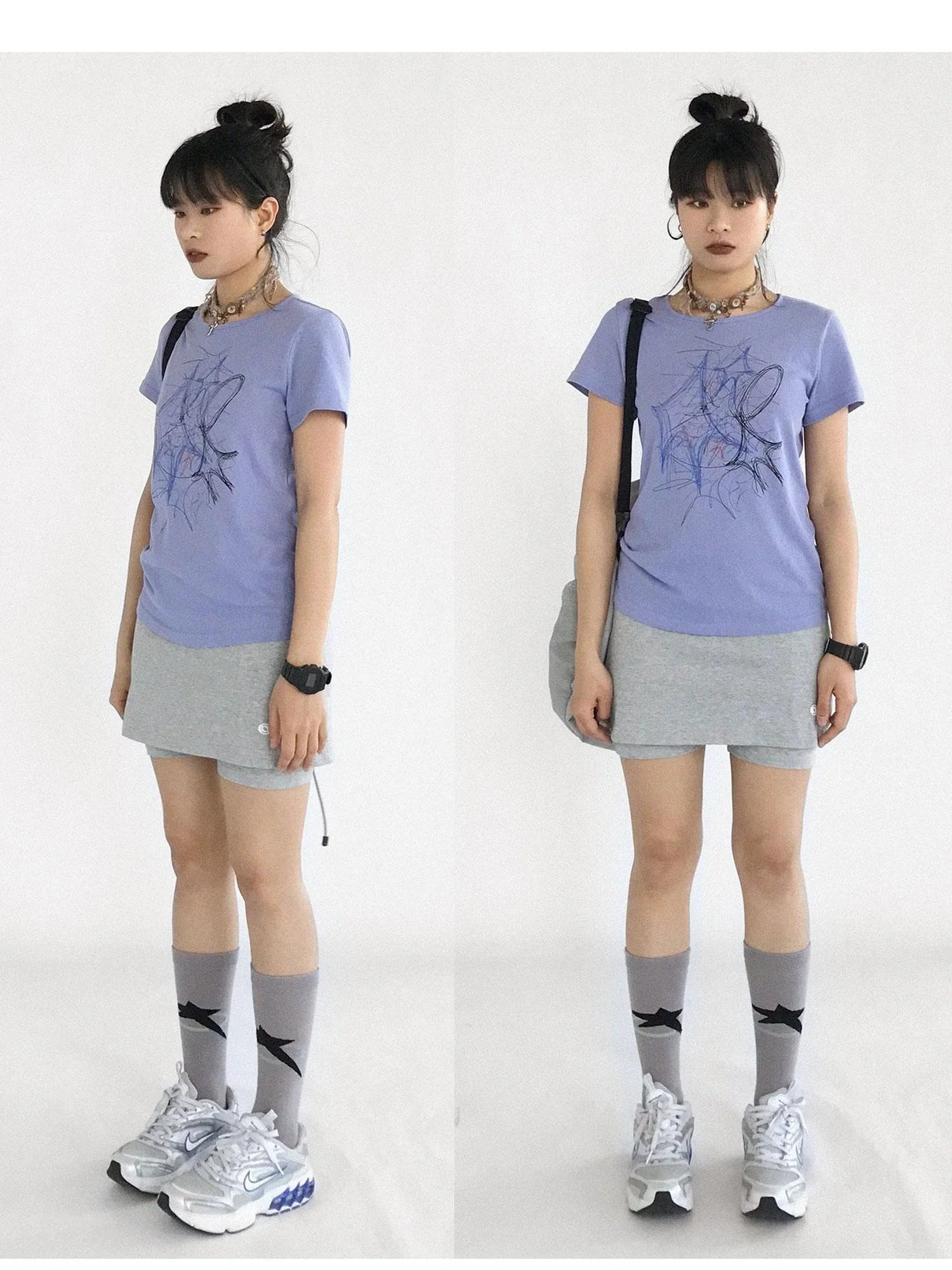 Doodle Line Graphic Tee And Long Sleeve Two Piece Set