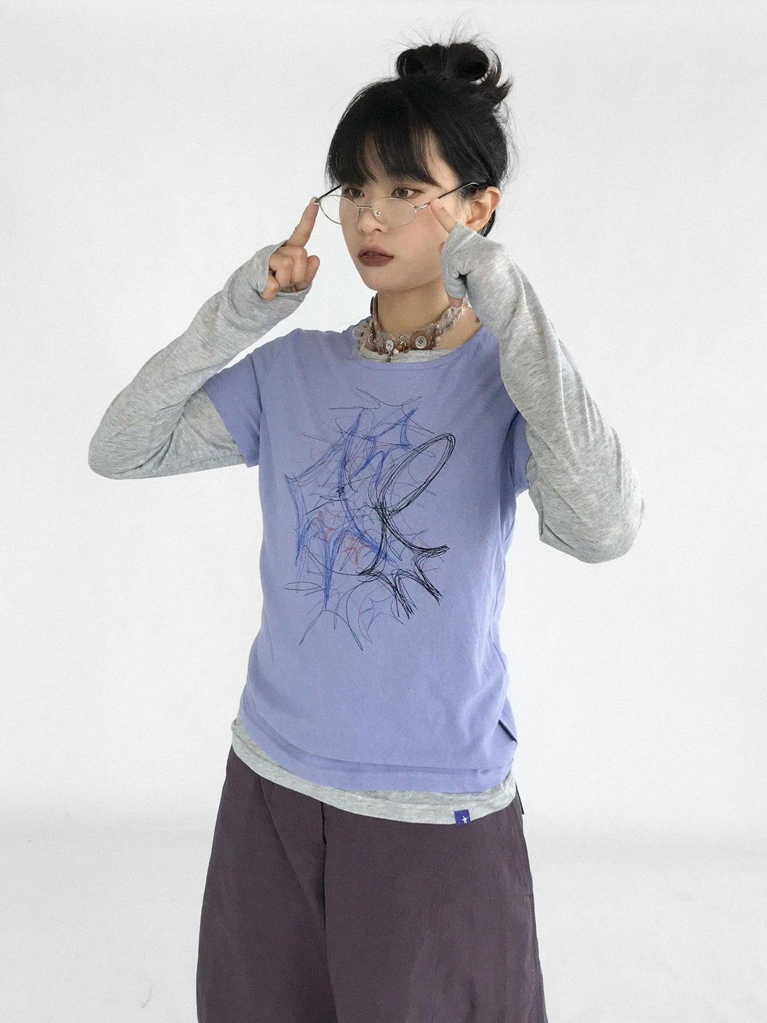 innomoood Doodle Line Graphic Tee And Long Sleeve Two Piece Set
