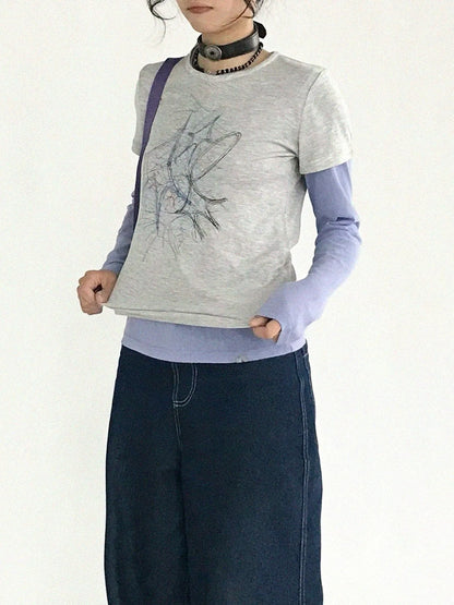 Doodle Line Graphic Tee And Long Sleeve Two Piece Set