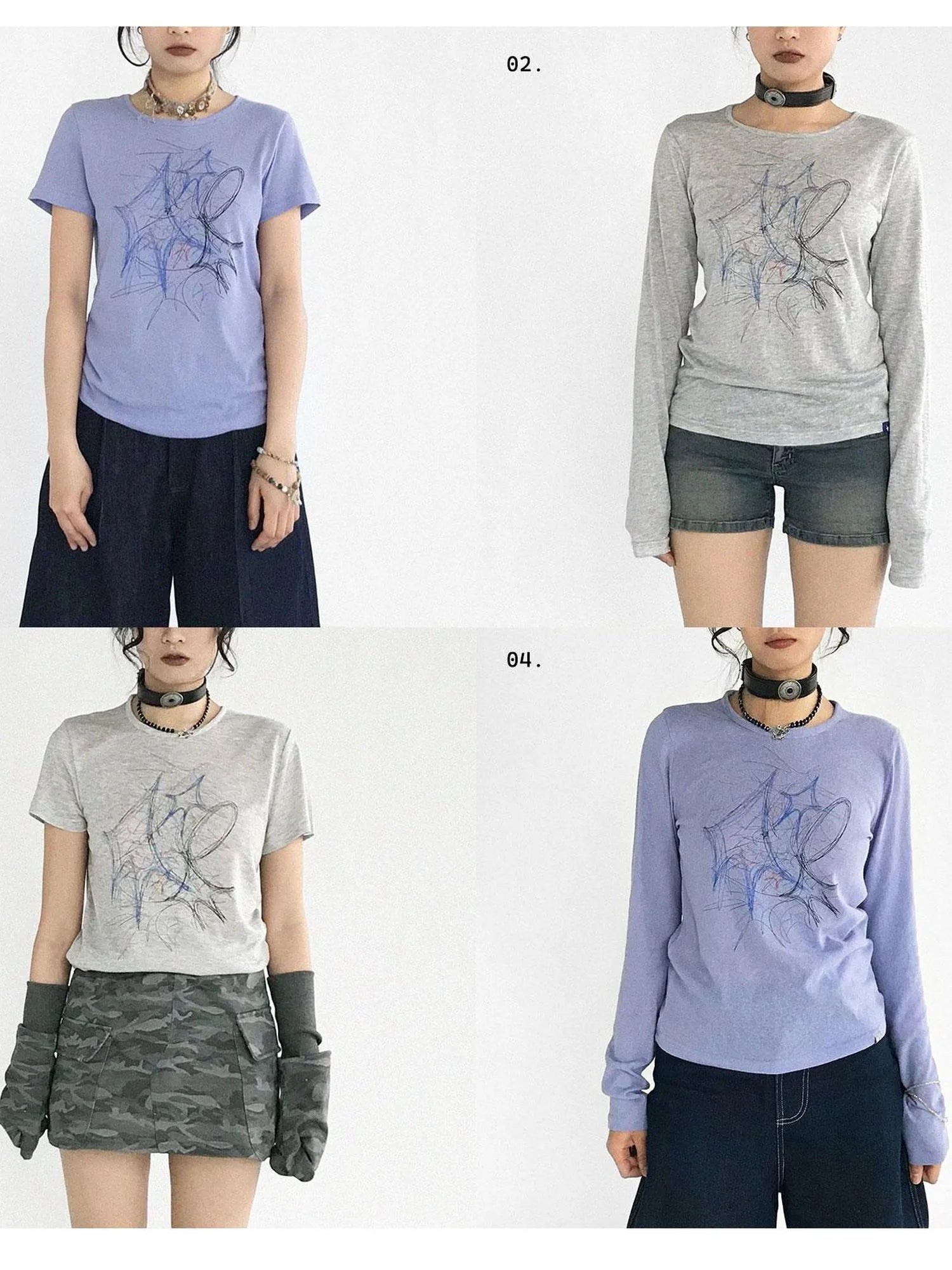 Doodle Line Graphic Tee And Long Sleeve Two Piece Set