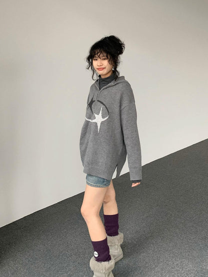innomoood Double Star Orbit Hooded Sweater V-neck T-shirt Long Sleeve