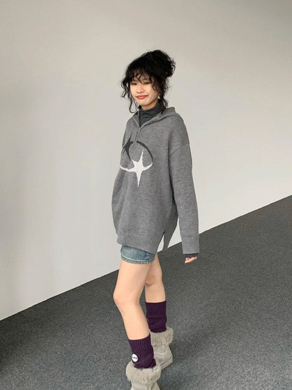 Double Star Orbit Hooded Sweater V-neck T-shirt Long Sleeve