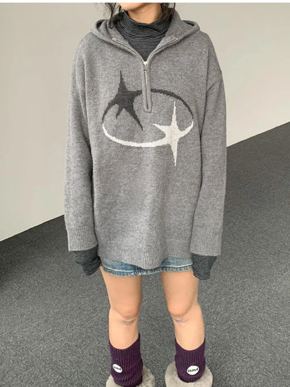 Double Star Orbit Hooded Sweater V-neck T-shirt Long Sleeve