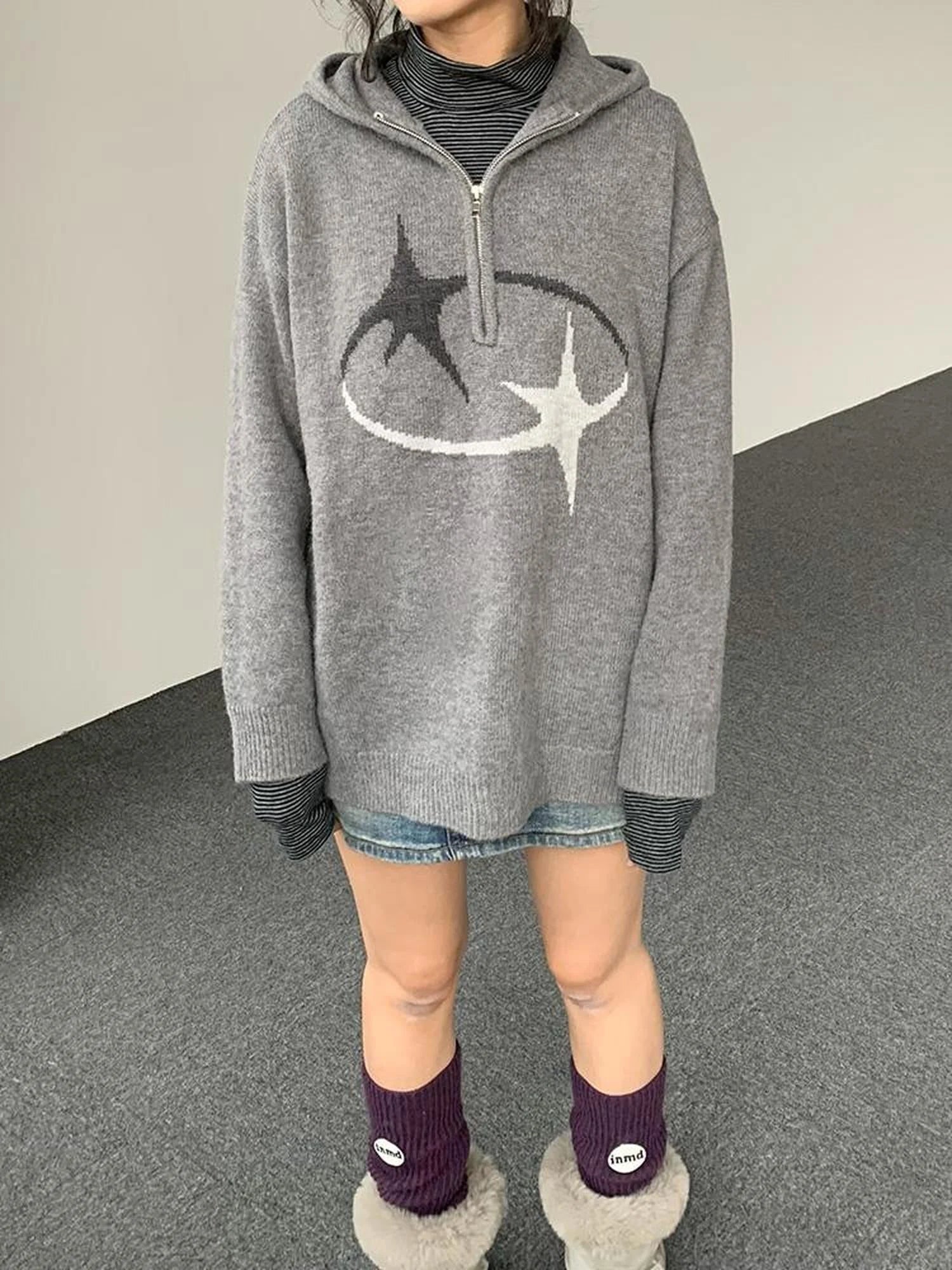 Double Star Orbit Hooded Sweater V-neck T-shirt Long Sleeve