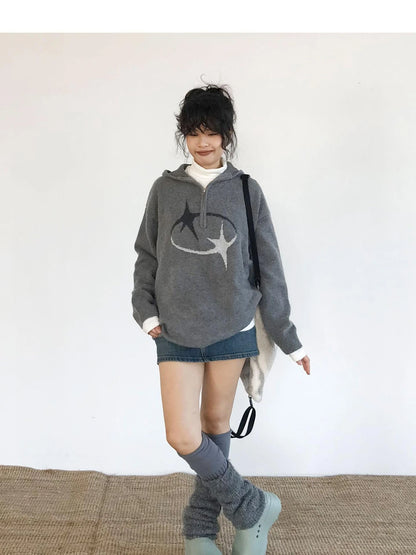 Double Star Orbit Hooded Sweater V-neck T-shirt Long Sleeve