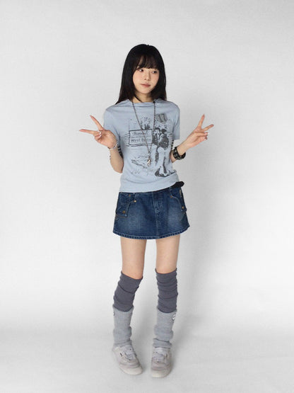 innomoood Embroidered Washed Distressed Front Zipper Low Waist Women&