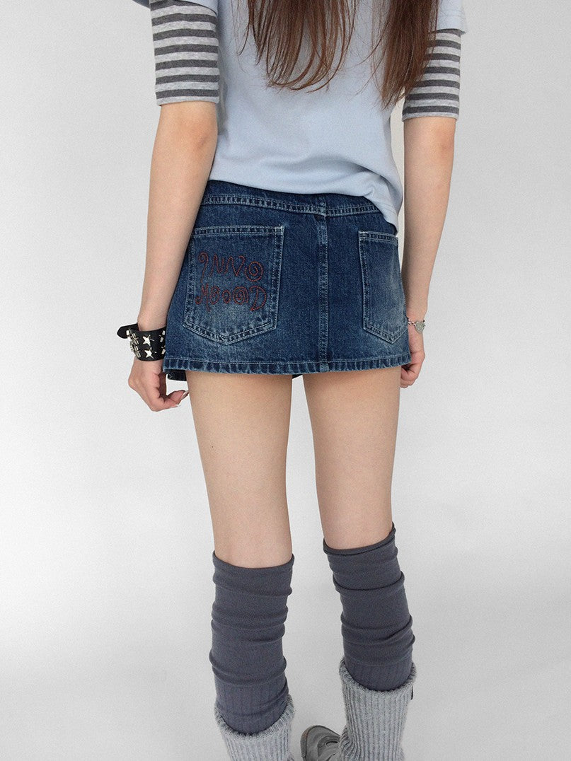 innomoood Embroidered Washed Distressed Front Zipper Low Waist Women&