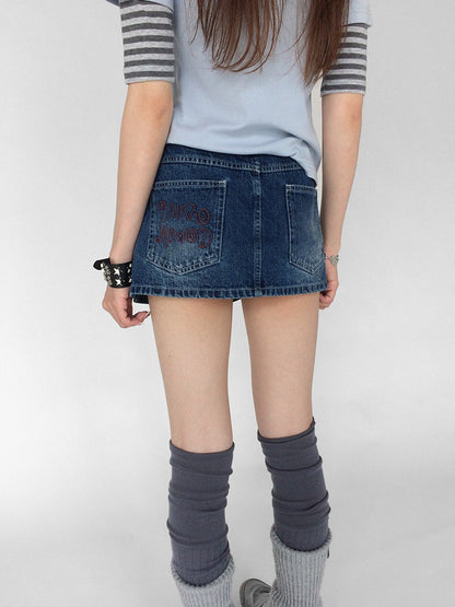 innomoood Embroidered Washed Distressed Front Zipper Low Waist Women&