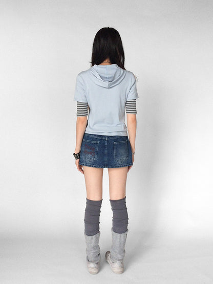 innomoood Embroidered Washed Distressed Front Zipper Low Waist Women&