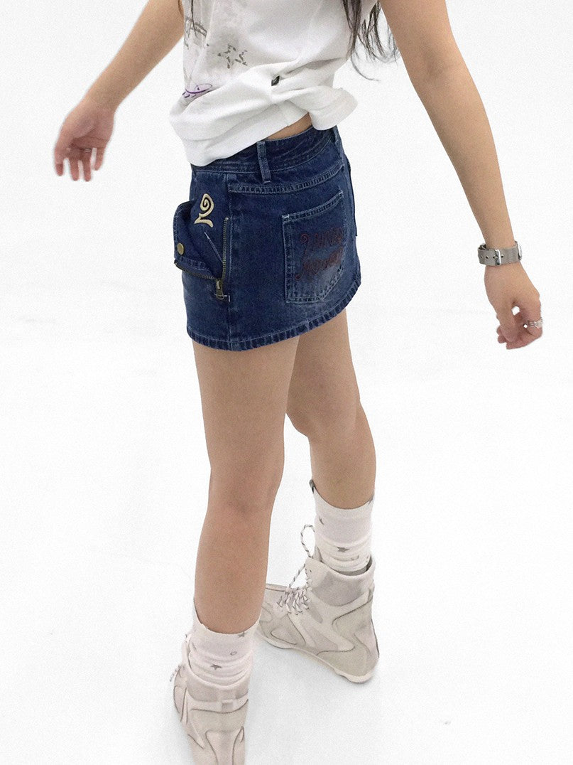innomoood Embroidered Washed Distressed Front Zipper Low Waist Women&