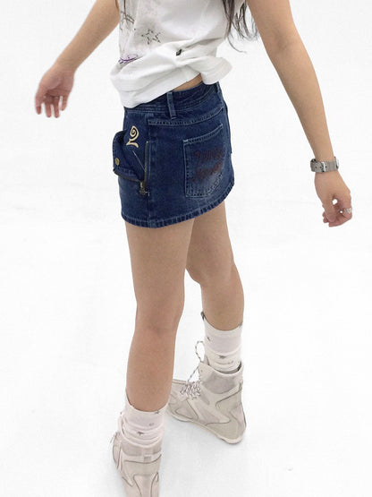 innomoood Embroidered Washed Distressed Front Zipper Low Waist Women&