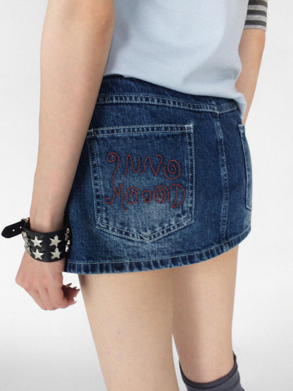 innomoood Embroidered Washed Distressed Front Zipper Low Waist Women&